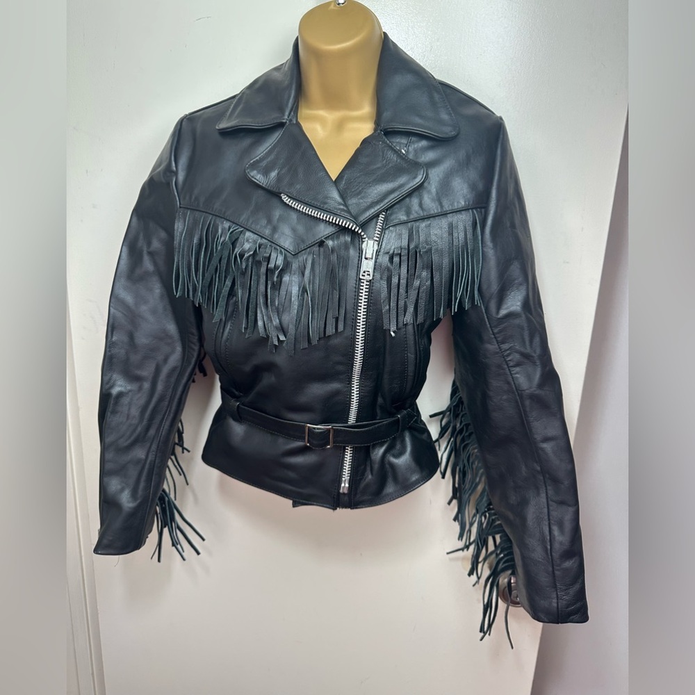 All American Rider Black Genuine Leather VTG 80’s/90’s Fringe Biker‎ Jacket S-M?